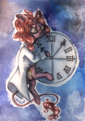 Size: 900x1282 | Tagged: safe, artist:rinioshi, oc, oc only, pony, unicorn, clock, clothes, ear fluff, female, glasses, lab coat, leonine tail, mare, solo, traditional art