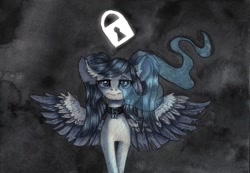 Size: 900x623 | Tagged: safe, artist:rinioshi, oc, oc only, pegasus, pony, collar, ear fluff, female, looking at you, mare, padlock, padlocked collar, sad, solo, traditional art