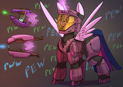 Size: 3508x2480 | Tagged: safe, artist:underpable, twilight sparkle, twilight sparkle (alicorn), alicorn, armor, blushing, clothes, glowing horn, gun, halo (series), horn, levitation, magic, pew pew, solo, suit, telekinesis, tongue out, weapon