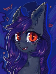 Size: 1662x2160 | Tagged: safe, artist:rinioshi, oc, oc only, bat pony, pony, bat pony oc, blushing, bust, ear fluff, fangs, female, heart, mare, open mouth, portrait, red eyes, slit eyes, solo