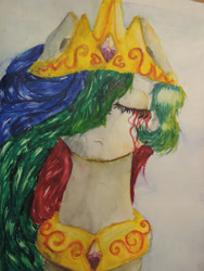 Size: 750x1000 | Tagged: safe, artist:rinioshi, princess celestia, alicorn, pony, crown, eyes closed, female, hair over one eye, jewelry, mare, regalia, solo, traditional art