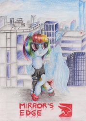 Size: 747x1049 | Tagged: safe, artist:rinioshi, rainbow dash, pegasus, pony, city, clothes, crossover, faith connors, female, mare, mirror's edge, rooftop, solo, traditional art