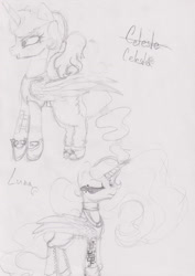 Size: 931x1314 | Tagged: safe, artist:rinioshi, princess celestia, princess luna, alicorn, pony, clothes, crossover, female, mare, mirror's edge, monochrome, ponytail, sketch, tattoo, traditional art