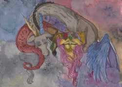 Size: 1000x711 | Tagged: safe, artist:rinioshi, discord, fluttershy, draconequus, pegasus, pony, dead, decapitated, female, floral head wreath, flower, implied murder, male, mare, severed head, solo, traditional art