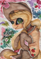 Size: 1212x1711 | Tagged: safe, artist:rinioshi, applejack, earth pony, pony, choker, clothes, eyeshadow, female, hat, looking at you, makeup, mare, smiling, socks, solo, traditional art