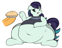 Size: 1588x1234 | Tagged: safe, artist:graphenescloset, applejack, coloratura, earth pony, pony, /mlp/, adorafatty, belly, belly button, big belly, clothes, cute, disembodied hooves, fat, feederjack, female, food, full, morbidly obese, obese, overeating, pie, rara, rarabetes, rolloratura, simple background, underhoof, white background