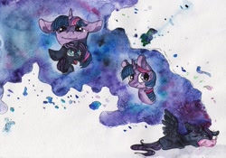 Size: 1141x800 | Tagged: safe, artist:rinioshi, twilight sparkle, oc, oc:nyx, alicorn, pony, unicorn, alicorn oc, dream, female, mare, sleeping, traditional art