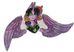 Size: 800x559 | Tagged: safe, artist:rinioshi, princess cadance, queen chrysalis, alicorn, changeling, changeling queen, pony, bust, fake cadance, female, floral head wreath, flower, mare, portrait, solo, traditional art, wings