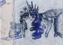 Size: 2514x1785 | Tagged: safe, artist:rinioshi, princess luna, twilight sparkle, twilight sparkle (alicorn), alicorn, pony, blushing, clothes, crown, dress, duo, female, graph paper, jewelry, lesbian, mare, regalia, shipping, sketch, traditional art, twiluna