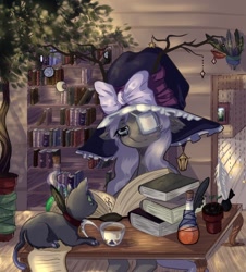 Size: 1024x1134 | Tagged: safe, artist:rinioshi, oc, oc only, cat, pony, book, bookshelf, bottle, cup, eyepatch, female, hat, mare, potion, reading, solo, tree, witch hat