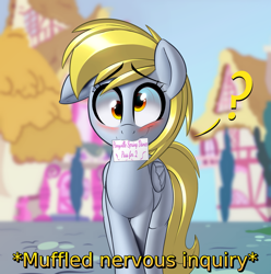 Size: 2981x3000 | Tagged: safe, artist:january3rd, derpy hooves, pegasus, pony, blushing, bronybait, crossed hooves, cute, dancing, dawwww, derpabetes, descriptive noise, ear down, female, flirting, invitation, january3rd is trying to murder us, looking at you, mare, meme, mouth hold, nervous, ponyville, question mark, solo, text, wavy mouth