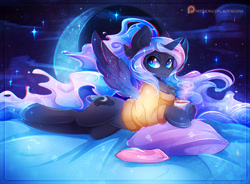 Size: 1777x1309 | Tagged: safe, artist:koveliana, princess luna, alicorn, pony, bed, chocolate, chromatic aberration, clothes, cute, female, food, hot chocolate, lying on bed, mare, moon, night, patreon, patreon logo, pillow, sky, solo, stars, sweater, sweet dreams fuel