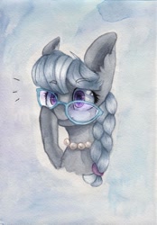 Size: 900x1295 | Tagged: safe, artist:rinioshi, silver spoon, earth pony, pony, braid, bust, ear fluff, female, filly, glasses, jewelry, necklace, portrait, solo, traditional art