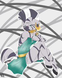 Size: 800x1000 | Tagged: safe, artist:choowoo, zecora, anthro, zebra, abstract background, bedroom eyes, clothes, dress, floppy ears, looking at you, sitting, smiling, solo