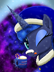Size: 1440x1895 | Tagged: safe, artist:lifesharbinger, princess luna, alicorn, pony, bust, candy, candy cane, ethereal mane, female, food, galaxy mane, mug, one eye closed, portrait, snow, snowfall, solo, tongue out, wink