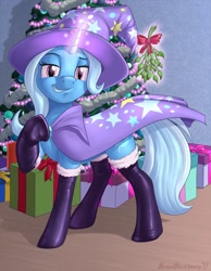 Size: 992x1280 | Tagged: safe, artist:brianblackberry, trixie, pony, unicorn, cape, christmas, christmas tree, clothes, female, glowing horn, hat, holiday, looking at you, mare, mistletoe, pointing, present, raised hoof, smiling, smirk, socks, solo, thigh highs, tree, trixie's cape, trixie's hat
