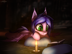 Size: 4000x3000 | Tagged: safe, artist:setharu, oc, oc only, oc:midnight reverie, bat pony, bat pony oc, book, candle, commission, female, fire, reading, solo