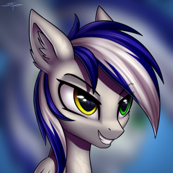 Size: 3000x3000 | Tagged: safe, artist:setharu, oc, oc only, pony, bust, commission, grin, heterochromia, portrait, smiling, solo, zoom layer