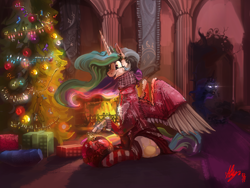 Size: 4000x3000 | Tagged: safe, artist:alumx, princess celestia, princess luna, alicorn, pony, absurd resolution, angry, christmas, christmas lights, christmas tree, clothes, coal, female, fireplace, holiday, mare, open mouth, present, royal sisters, sitting, socks, solo focus, spread wings, striped socks, tree, wings