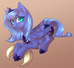 Size: 2744x2528 | Tagged: safe, artist:helemaranth, princess luna, alicorn, pony, female, gradient background, jewelry, looking at you, mare, pillow, prone, rcf community, regalia, s1 luna, solo, tangible heavenly object