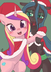 Size: 1000x1414 | Tagged: safe, artist:yanamosuda, princess cadance, queen chrysalis, alicorn, changeling, changeling queen, pony, christmas, christmas changeling, cute, cutealis, cutedance, duo, duo female, female, floppy ears, hat, holiday, looking at you, mare, open mouth, santa hat, smiling