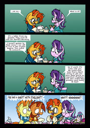 Size: 2480x3507 | Tagged: safe, artist:bobthedalek, princess flurry heart, starlight glimmer, stellar flare, sunburst, pony, baby carriage, bathrobe, bed mane, bread, breakfast, clothes, comic, didn't think this through, father and child, father and son, female, food, hilarious in hindsight, implied starburst, male, messy mane, misunderstanding, mother and child, mother and son, parent and child, robe, scarf, spit take, sunspot (character), tempting fate, toast, what could possibly go wrong