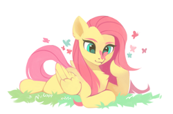 Size: 2625x1729 | Tagged: safe, artist:lispp, fluttershy, butterfly, pegasus, pony, butterfly on nose, chest fluff, cute, female, insect on nose, lying down, mare, prone, shyabetes, simple background, solo, white background