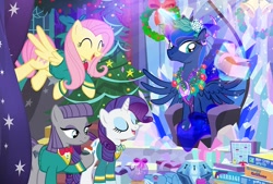 Size: 1000x675 | Tagged: safe, artist:pixelkitties, boulder (pet), fluttershy, maud pie, princess luna, rarity, trixie, alicorn, earth pony, pegasus, pony, unicorn, bauble, board game, bottomless, bowtie, christmas, christmas presents, christmas tree, clothes, female, garbage day, glowing horn, hat, hearth's warming, holiday, jewelry, magic, mare, mystery box of plot importance, partial nudity, plushie, ponytones, ponytones outfit, present, santa hat, snow globe, sweater, sweatershy, telekinesis, tree, wreath