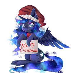 Size: 883x889 | Tagged: safe, artist:xkittyblue, princess luna, alicorn, pony, christmas, cute, female, hat, holiday, looking at you, lunabetes, mare, merry christmas, santa hat, sign, simple background, sitting, smiling, solo, transparent background