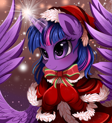 Size: 2177x2400 | Tagged: safe, artist:pridark, twilight sparkle, twilight sparkle (alicorn), alicorn, pony, bow, christmas, clothes, female, hat, holiday, magic, mare, santa hat, smiling, solo
