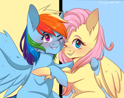 Size: 1800x1426 | Tagged: safe, artist:silbersternenlicht, fluttershy, rainbow dash, pegasus, pony, fame and misfortune, blushing, cheek fluff, cute, female, hug, looking at you, mare, one eye closed, scene interpretation, smiling