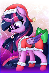 Size: 1400x2100 | Tagged: safe, artist:madacon, twilight sparkle, twilight sparkle (alicorn), alicorn, pony, bow, candy, candy cane, christmas, clothes, costume, cute, female, hat, holiday, horn, mare, mlem, santa costume, santa hat, silly, smiling, socks, solo, starry eyes, tail bow, tongue out, twiabetes, wingding eyes, wings