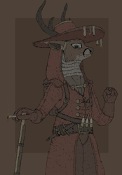 Size: 1391x2003 | Tagged: safe, artist:yahmos, oc, oc only, anthro, deer, cane, cigarette, clothes, fist, gloves, looking at you, looking down, male, solo