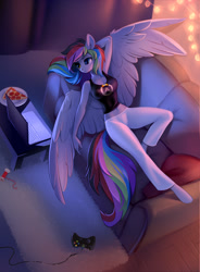 Size: 1180x1600 | Tagged: safe, artist:tomatocoup, oc, oc only, oc:cyclonespynn, anthro, pegasus, unguligrade anthro, armpits, christmas, christmas lights, clothes, computer, controller, female, food, heterochromia, holiday, laptop computer, lying down, mare, meat, midriff, multicolored hair, not rainbow dash, on back, overwatch, pajamas, pants, pepperoni, pepperoni pizza, pizza, rainbow hair, sofa, solo, spread wings, sweatpants, tanktop, wings, xbox 360 controller
