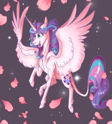 Size: 2215x2450 | Tagged: safe, artist:finchina, princess flurry heart, pony, adult flurry heart, cherry blossoms, flower, flower blossom, flying, hoers, leonine tail, older, petals, smiling, solo, spread wings, wings