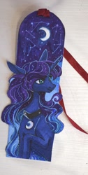 Size: 1087x2160 | Tagged: safe, artist:weird--fish, princess luna, alicorn, pony, bookmark, crescent moon, female, mare, moon, night, solo, stars, traditional art