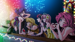 Size: 2600x1453 | Tagged: safe, artist:mauroz, applejack, fluttershy, pinkie pie, rainbow dash, rarity, spike, twilight sparkle, human, 2018, breaking the fourth wall, breasts, clothes, dress, female, fireworks, flower, flower in hair, happy new year 2018, heart, humanized, implied lesbian, implied rainbowspike, implied rarijack, implied shipping, looking at you, mane seven, mane six, one eye closed, open mouth, pinkie pies, raritits, smiling, wink