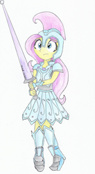 Size: 670x1221 | Tagged: safe, artist:astevenamedwolf, fluttershy, equestria girls, the crystal empire, armor, armor skirt, boots, cute, equestria girls interpretation, fantasy class, helmet, holding, joust, jousting outfit, knight, lance, scene interpretation, shoes, simple background, skirt, solo, traditional art, warrior, weapon