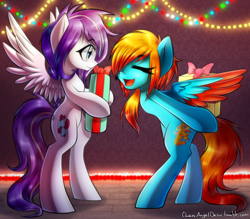 Size: 2400x2100 | Tagged: safe, artist:chaosangeldesu, oc, oc only, oc:azure serenity, oc:chaos angel, pegasus, pony, bipedal, christmas, christmas lights, duo, holiday, present