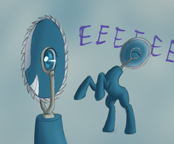 Size: 1356x1122 | Tagged: safe, artist:panzerhi, oc, oc only, original species, pony, anime eyes, blue background, circular saw, eeee, eyes closed, female, grin, i can't believe it's not badumsquish, mare, rearing, saw pony, simple background, smiling, solo, squee, wat