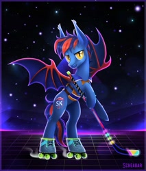 Size: 1021x1200 | Tagged: safe, artist:scheadar, oc, oc only, bat pony, pony, bat pony oc, bipedal, hockey stick, looking at you, male, neon, skates, slit eyes, solo, spread wings, stallion, stars, wings