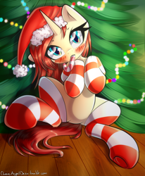 Size: 2000x2432 | Tagged: safe, artist:chaosangeldesu, oc, oc only, oc:nazzy, pony, unicorn, blushing, candy, candy cane, christmas, christmas lights, christmas tree, clothes, female, food, hat, holiday, looking at you, mare, santa hat, socks, solo, striped socks, tree