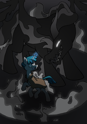 Size: 900x1284 | Tagged: safe, artist:patrona, pony of shadows, stygian, pony, unicorn, shadow play, cape, clothes, glowing eyes, magic, open mouth, size difference