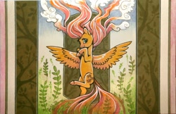 Size: 800x519 | Tagged: safe, artist:dany-the-hell-fox, fluttershy, pegasus, pony, female, hooves to the chest, looking at you, looking sideways, mare, smiling, solo, spread out hair, spread wings, traditional art, windswept mane, wings