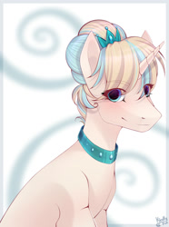 Size: 1091x1463 | Tagged: safe, artist:kindly-fox, oc, oc only, pony, unicorn, bust, collar, female, mare, smiling, solo