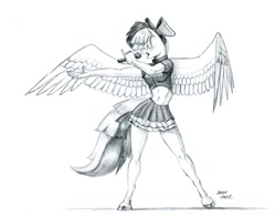 Size: 1500x1177 | Tagged: safe, artist:baron engel, songbird serenade, anthro, pegasus, unguligrade anthro, my little pony: the movie, bow, clothes, female, grayscale, hair bow, mare, microphone, midriff, monochrome, pencil drawing, simple background, singing, skirt, solo, traditional art, white background