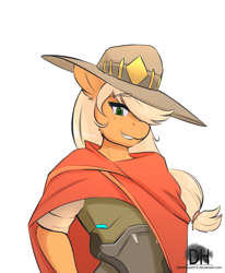 Size: 981x1189 | Tagged: safe, artist:sugarlesspaints, edit, applejack, anthro, earth pony, pony, clothes, costume, cropped, crossover, female, hair over one eye, hat, jesse mccree, looking at you, mccreejack, overwatch, poncho, questionable source, simple background, solo, white background