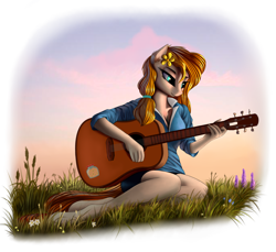 Size: 2904x2664 | Tagged: safe, artist:lightly-san, pear butter, anthro, unguligrade anthro, female, flower, flower in hair, grass, guitar, simple background, sitting, solo, transparent background