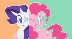 Size: 2422x1320 | Tagged: safe, artist:hattsy, pinkie pie, rarity, earth pony, pony, unicorn, duo, eyeshadow, female, makeup, mare, one eye closed, open mouth, outline, smiling