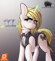 Size: 1530x1699 | Tagged: safe, artist:sugarlesspaints, oc, oc only, pony, unicorn, bowtie, clothes, drink, glowing horn, magic, patreon, patreon logo, solo, waitress